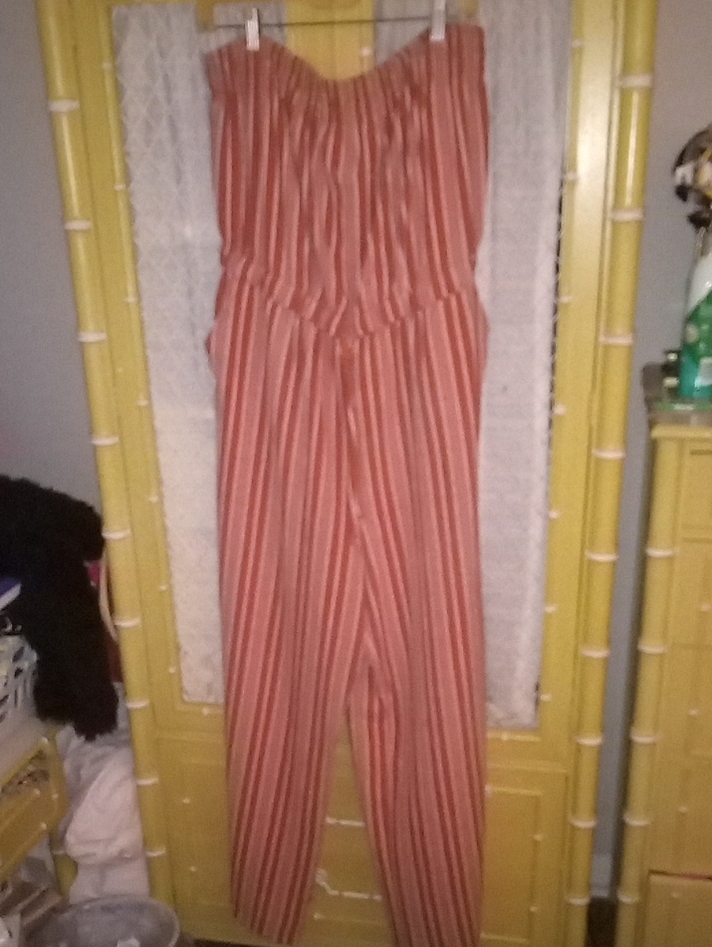 No Boundaries Rust and White Striped Strapless Wideleg Jumpsuit With PocketsNWOT